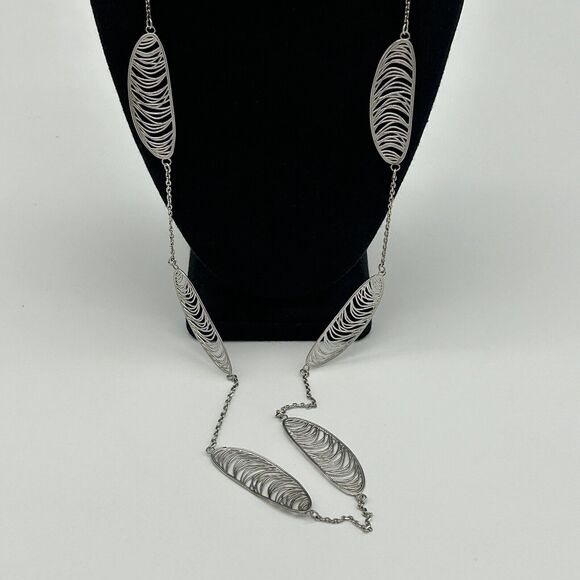 Sterling Leaf Wispy Oval Station Modernist Necklace Marked RCI 925 Italy 35in - Picture 8 of 15